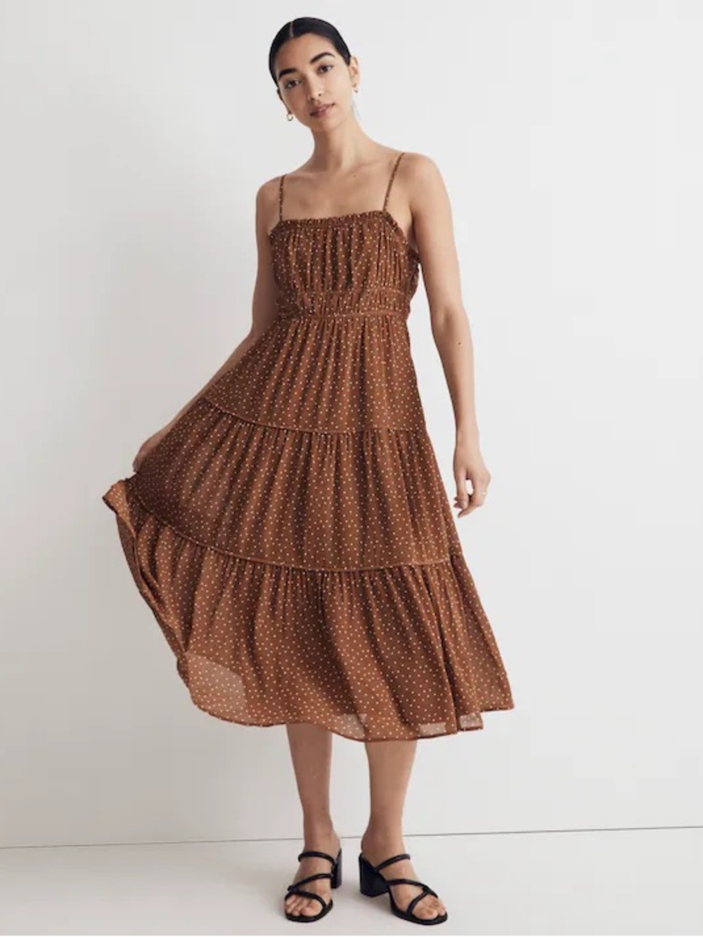 Madewell Sophia Cami Tiered Midi Dress in Sepia Dot